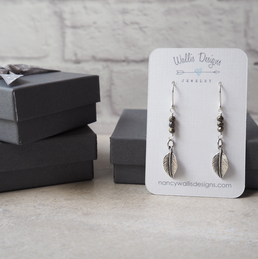 Oxidized Sterling Silver Leaf and pyrite earrings