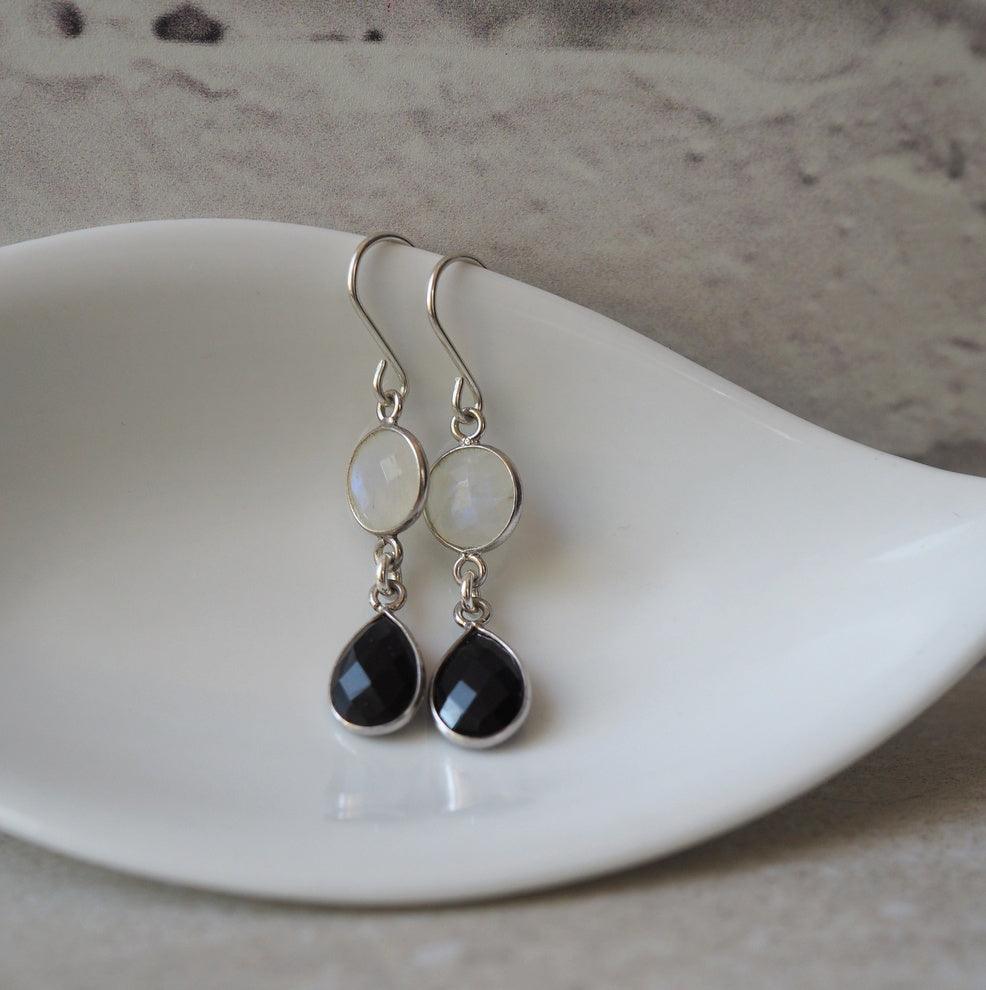 Sterling Silver Gemstone Earrings with Moonstone and Onyx