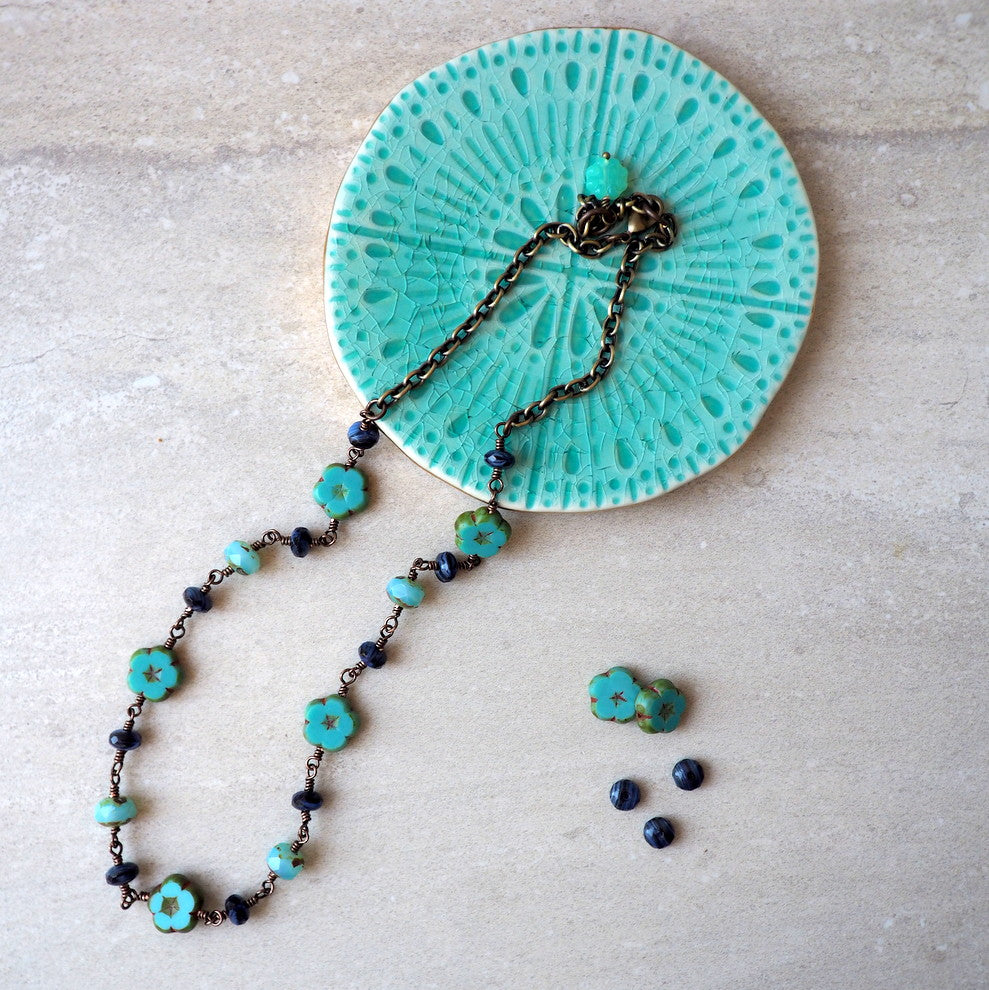 Czech Glass Bead Necklace in Turquoise and Blue