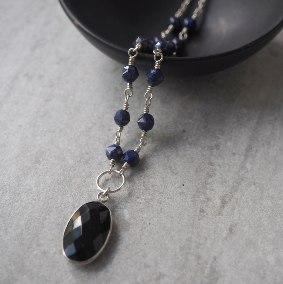 Black and Blue Gemstone Necklace in Sterling Silver