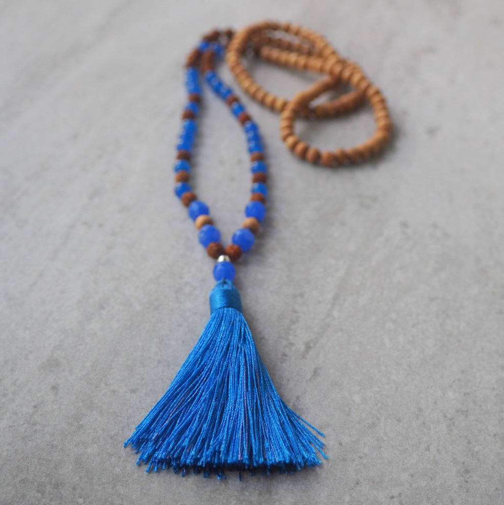 Blue Jade and Sandlewood Tassel Necklace