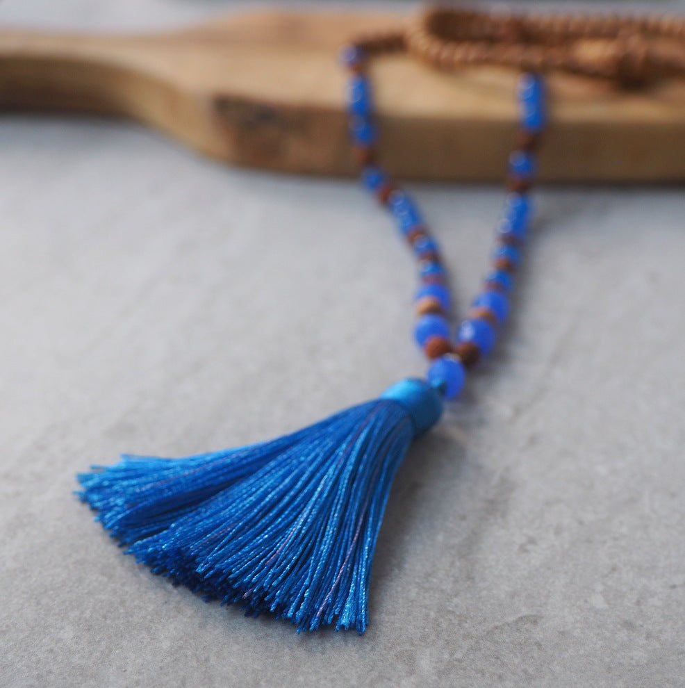 Blue Jade and Sandlewood Tassel Necklace