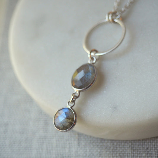 Grey Gemstone Long Silver Necklace