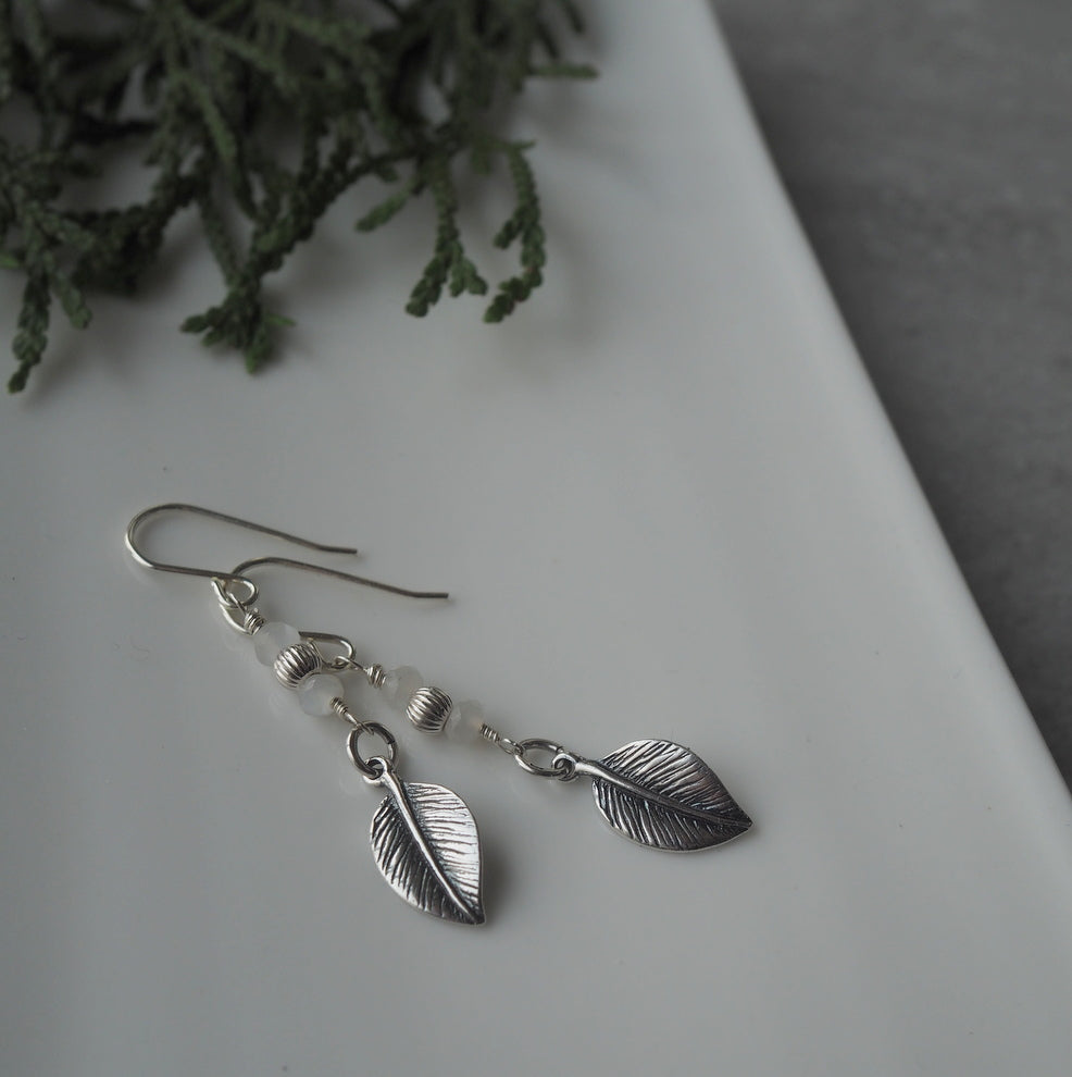 Silver Leaf Earrings with Moonstone by Wallis Designs