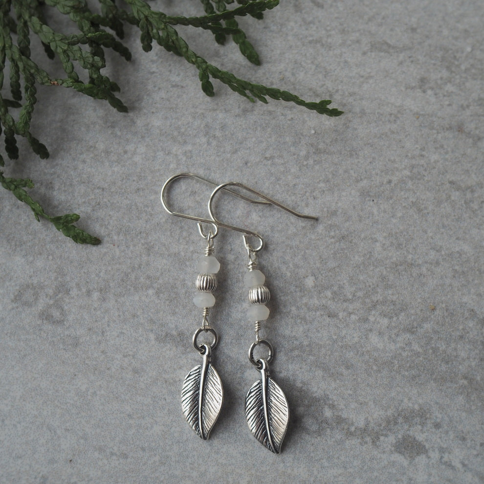 Sterling Silver and Moonstone Leaf Charm Earringss