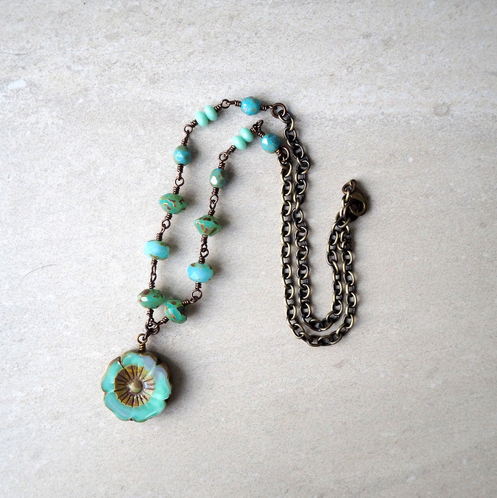 Turquoise Blue Beaded Necklace with Brass Chain