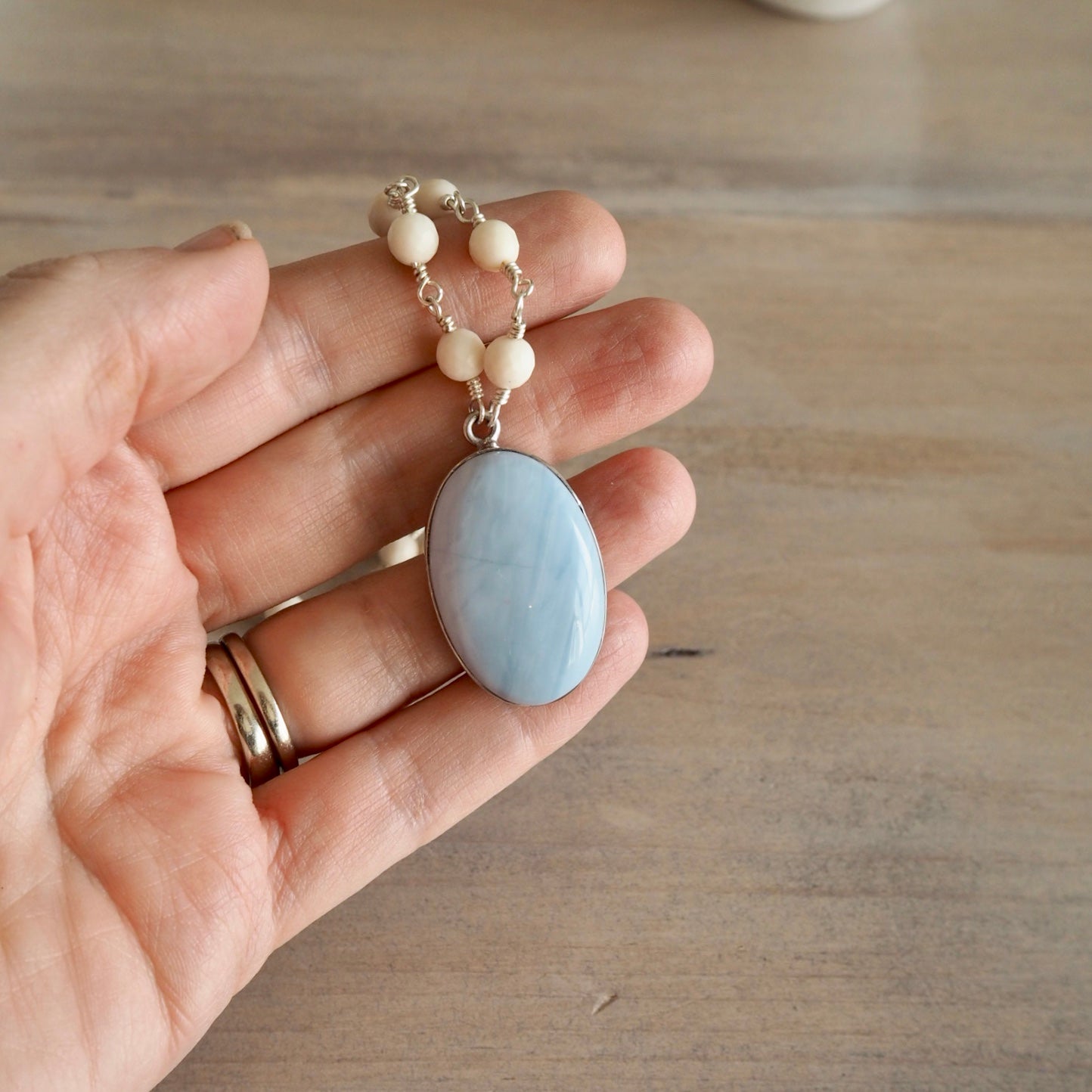 Blue Lace Agate Sterling Silver Pendant and Riverstone