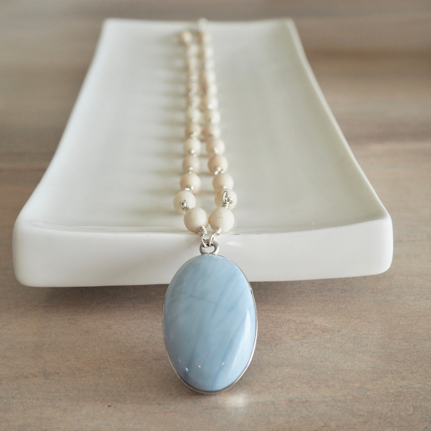 Blue Lace Agate Pendant with Riverstone Beaded Necklace