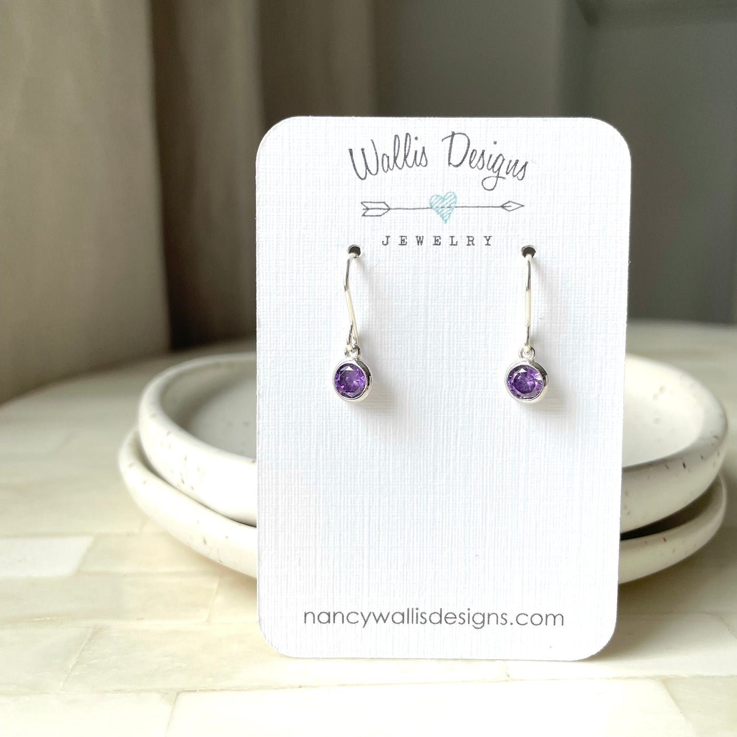 February birthstone earrings. Cubic Zirconia in purple amethyst colour.