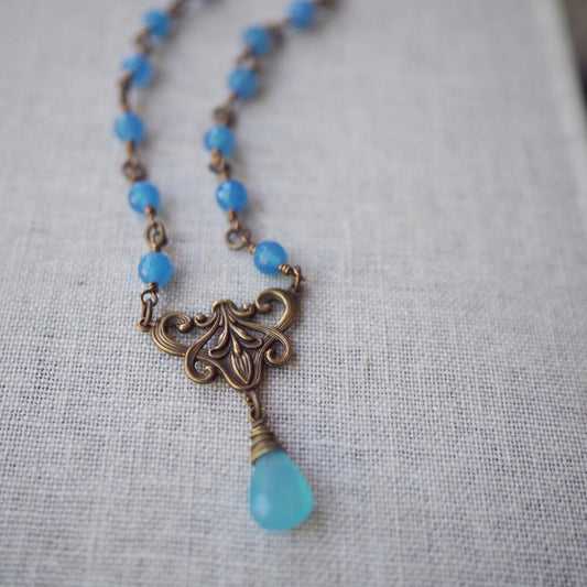 Sea of Blue Brass Necklace made in Canada by Wallis Designs