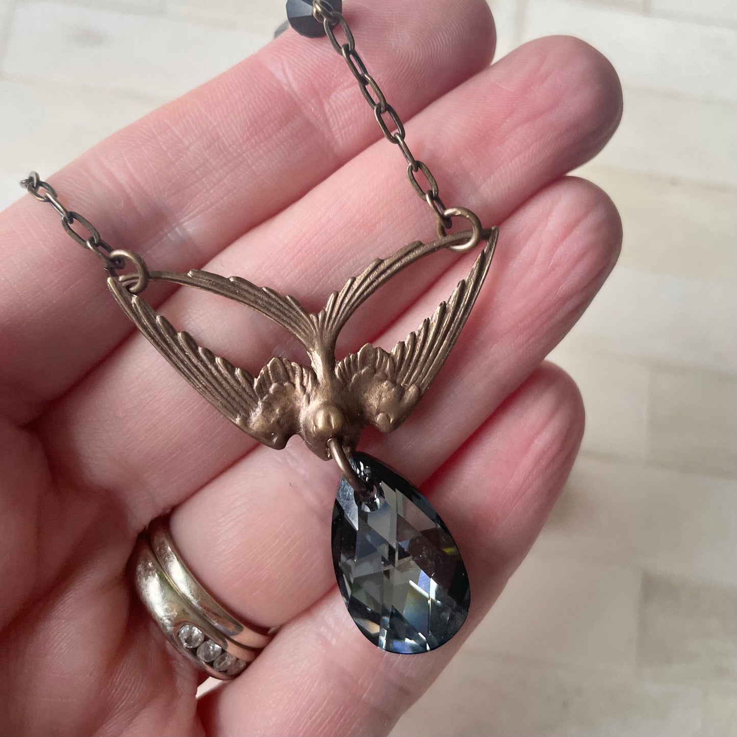 Swoop - Brass Swallow and Black Diamond Crystal Necklace