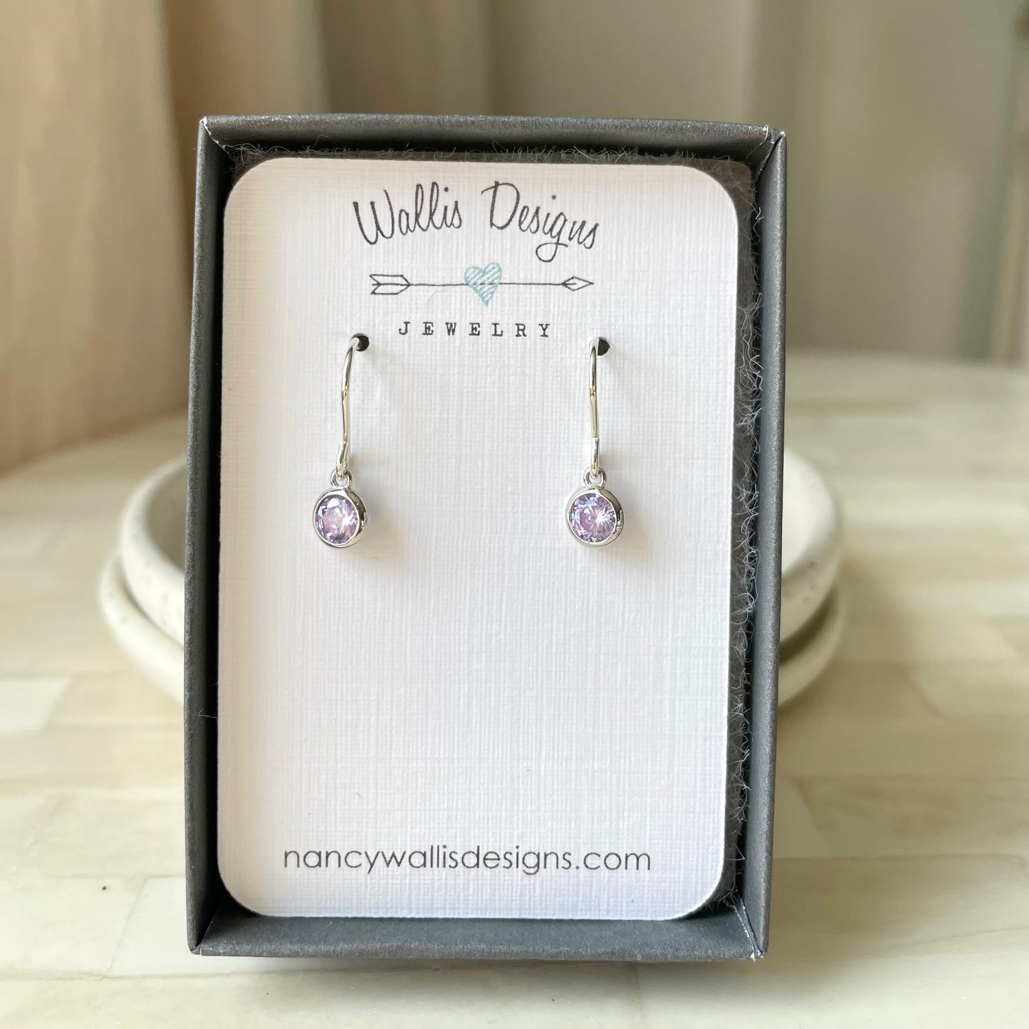 Alexandrite purple cubic zirconia birthstone earrings. June birthday. Wallis Designs in Whitby, Ontario, Canada.