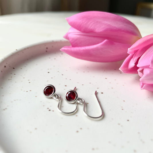 January birthstone earrings. Silver and garnet cubic zirconia.