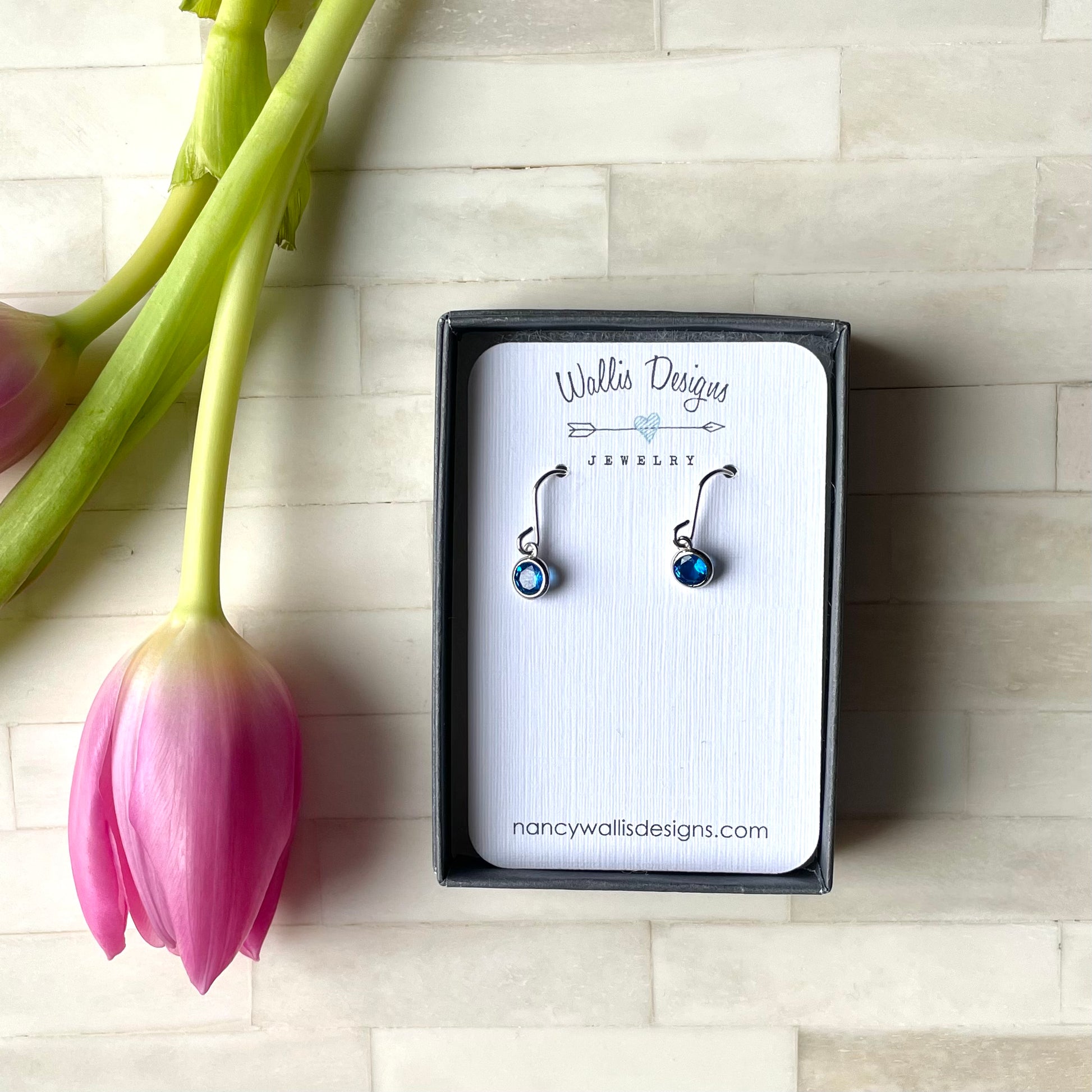 Blue Sapphire Cubic Zirconia silver birthstone earrings. December birthstone earrings. Made in Ontario, Canada.