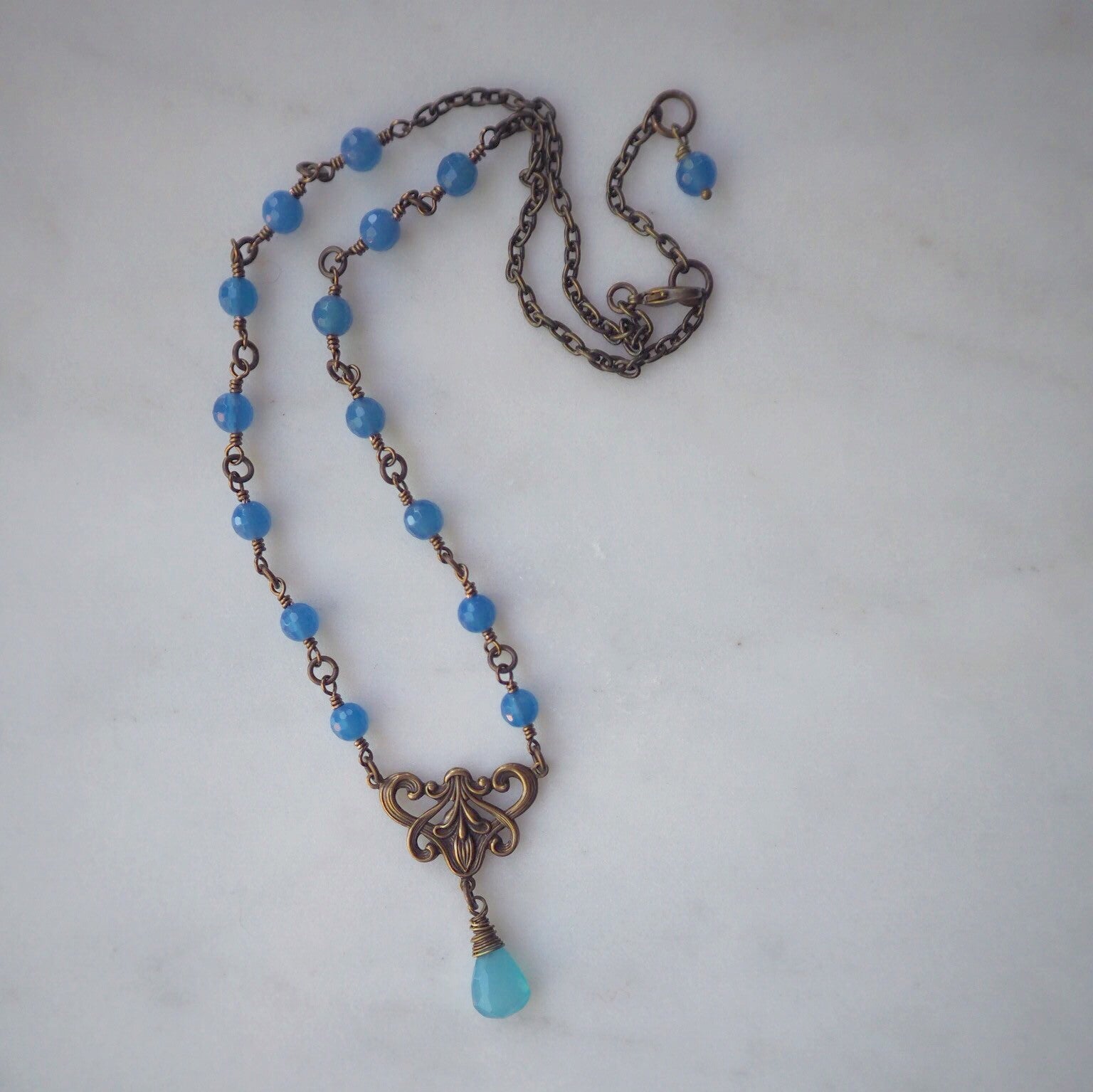 Bohemian Necklace with Blue Agate and Chalcedony Gemstones