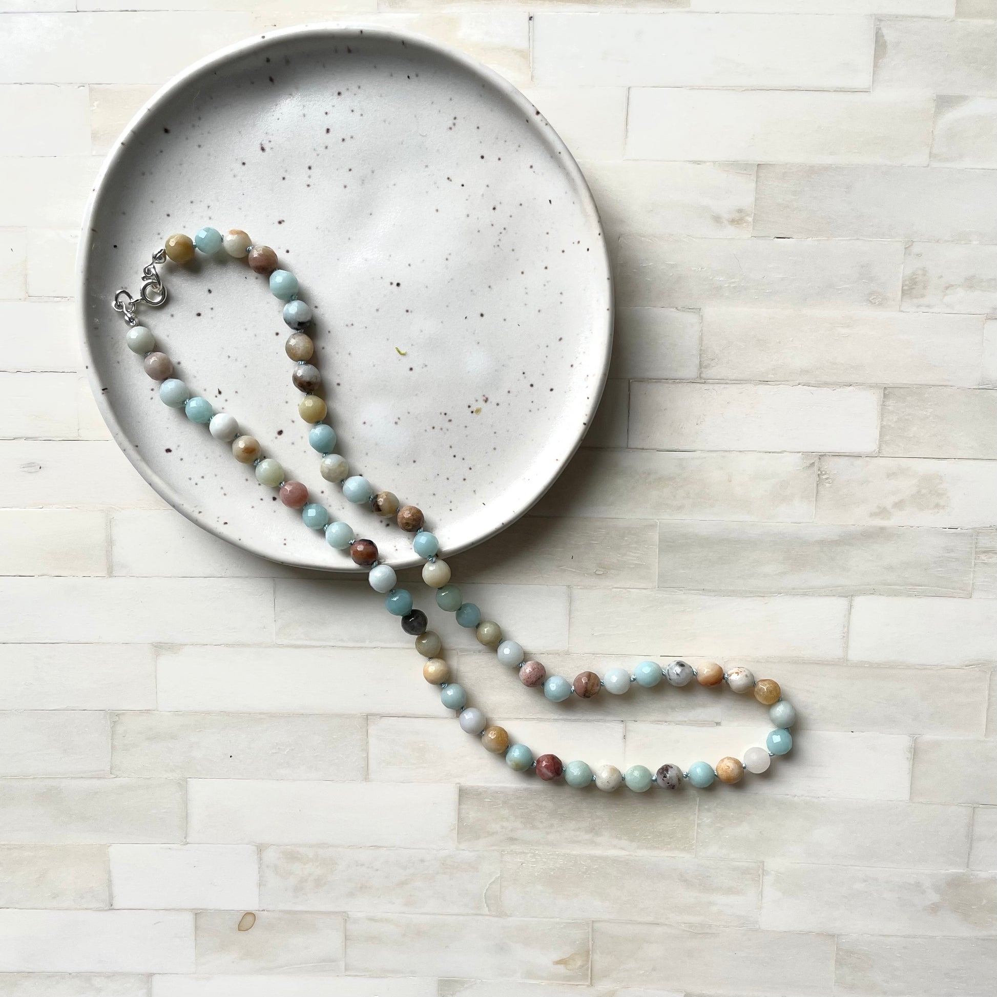 Amazonite beaded necklace made in Canada. Semi precious hand knotted necklace.