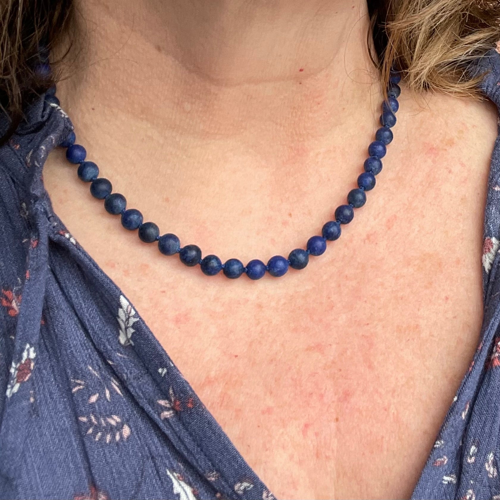 Semi precious beaded necklace. Lapis Lazuli stone necklace made in Canada by Wallis Designs.
