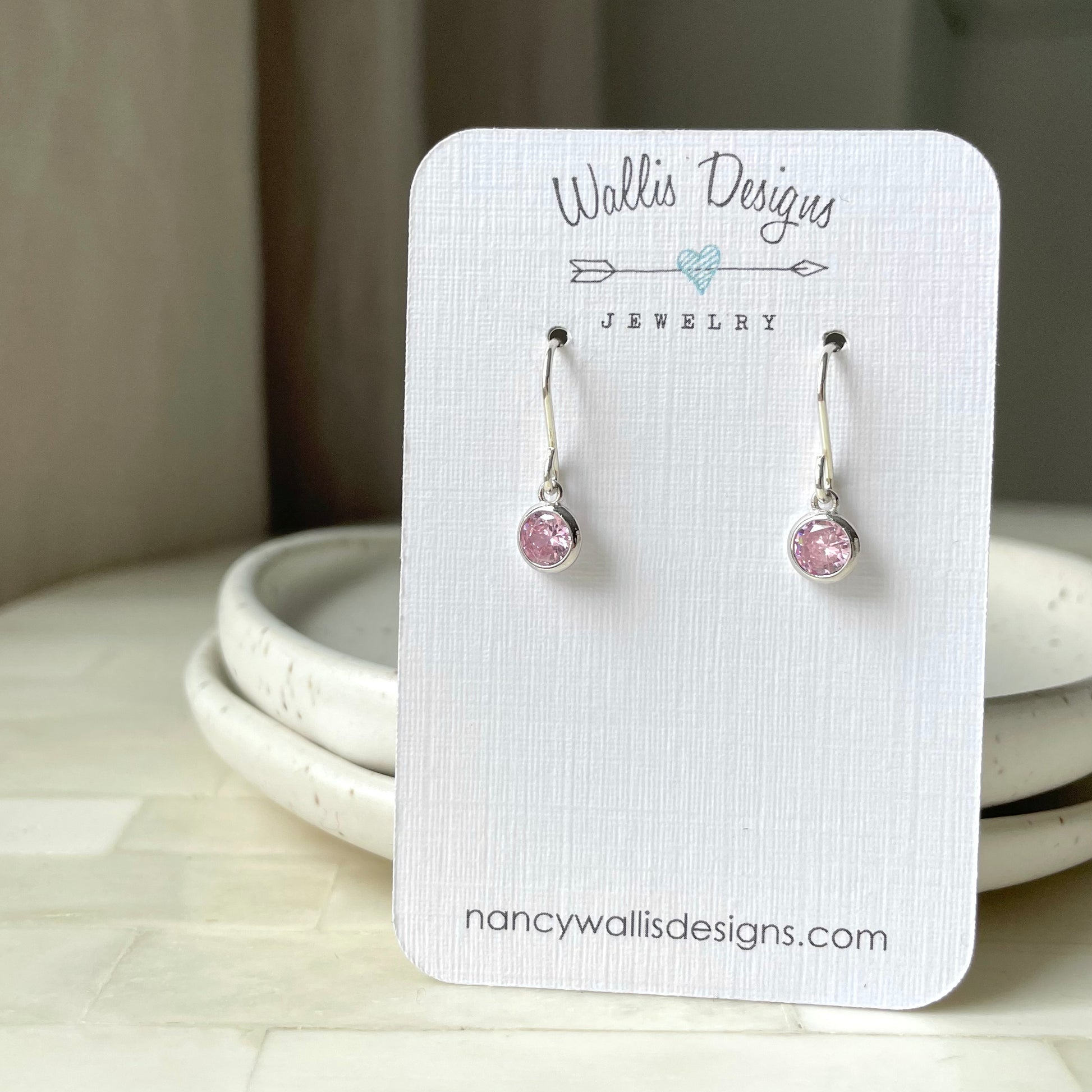 Pink October birthstone earrings. Silver and Cubic Zirconia. Made in Canada by Wallis Designs.
