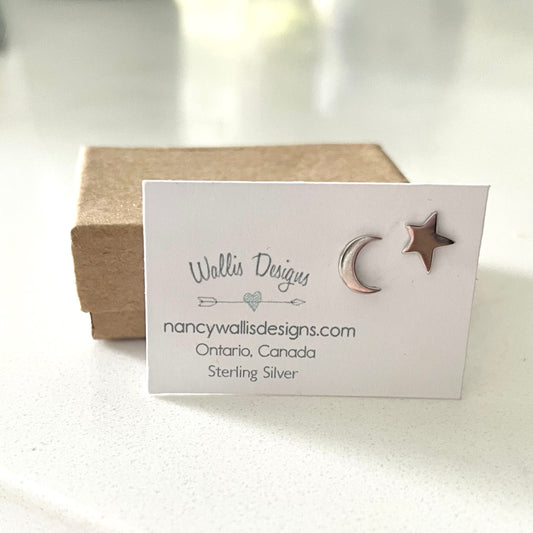Tiny Silver Moon and Star Stud Earrings