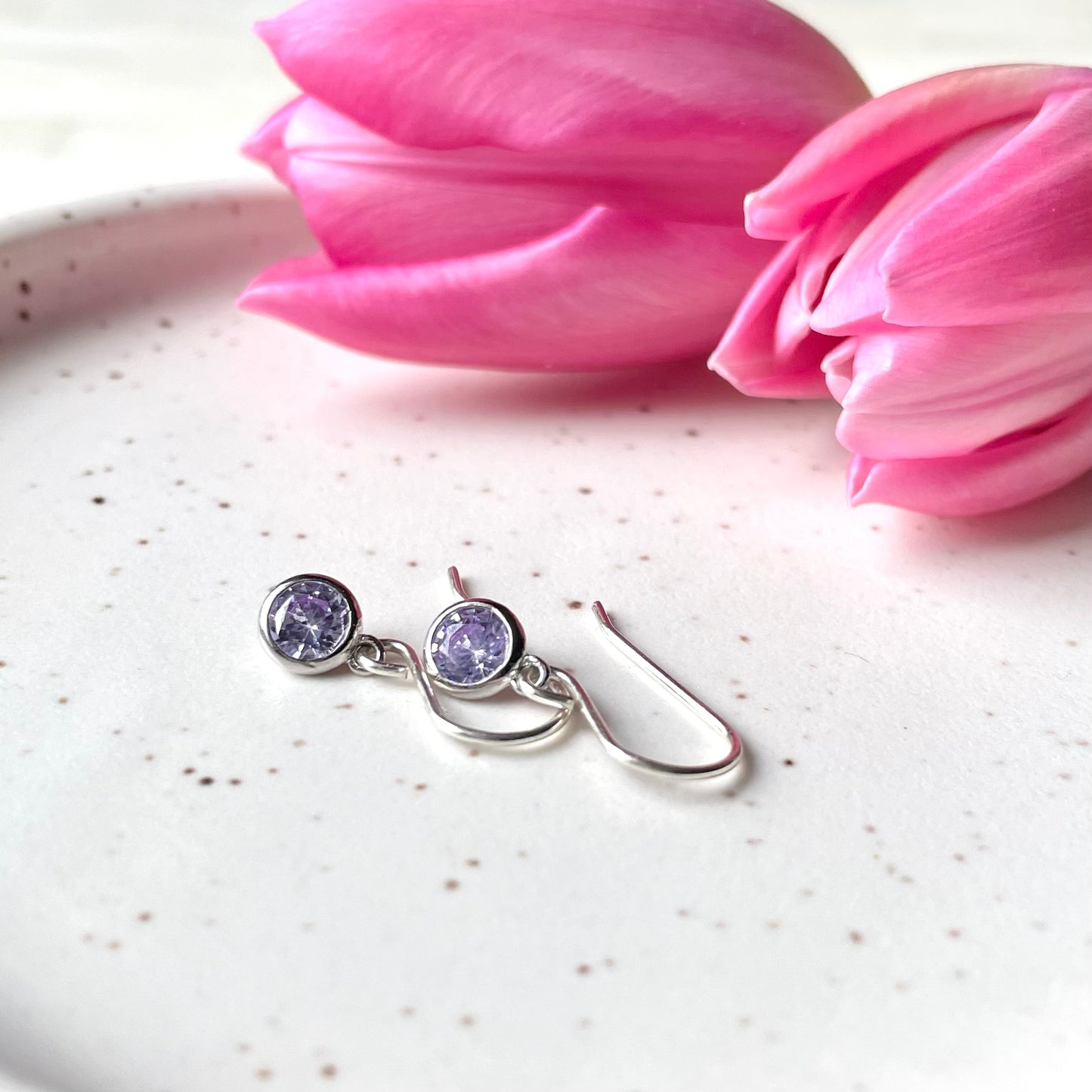 June Birthstone earrings. Sterling silver and cubic zirconia. Made in Canada by Wallis Designs.